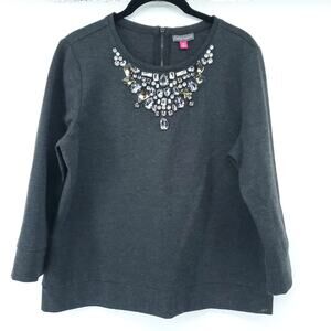 Vince Camuto Womens M Dk Gray Bibbed Jeweled Neckline Cropped Sweater & Sleeve